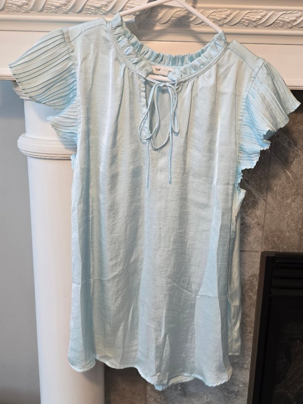 Cato Fashions Light Blue Ruffle Neck Blouse Pleated Flutter Sleeve Tie Front L